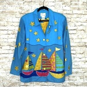 Vtg 90s QUACKER FACTORY women's TURQUOISE Coastal Sailboats boxy blazer sz M